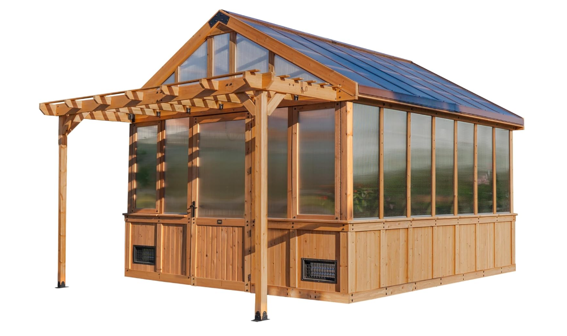 Solcrest Haven 13x11 Cedar Greenhouse with Pergola & Integrated Workspace