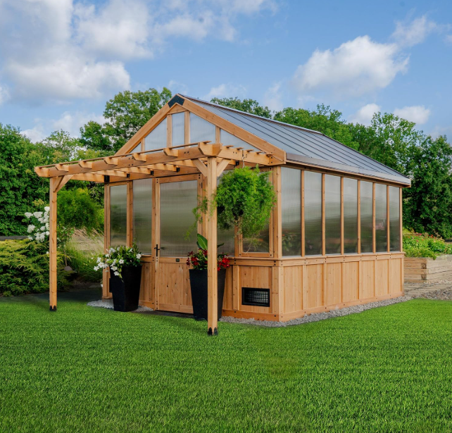 Solcrest Haven 13x11 Cedar Greenhouse with Pergola & Integrated Workspace
