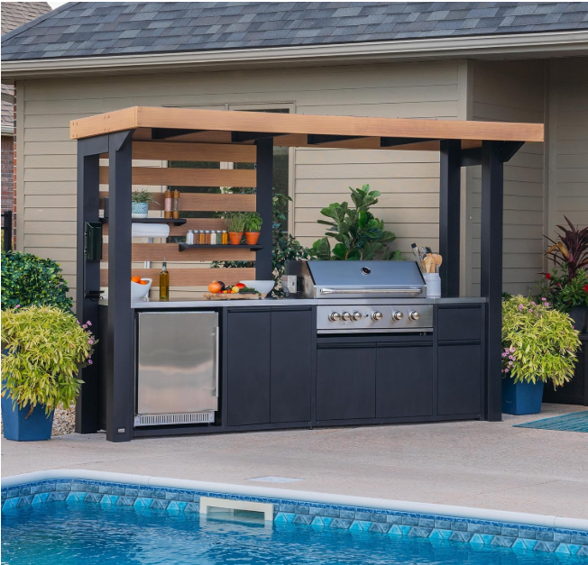 SolCrest Outdoor Kitchen Pavilion – 5-Burner Grill, Pizza Oven, Fridge, Stainless Countertops & Steel Roof for All-Season Cooking & Entertaining