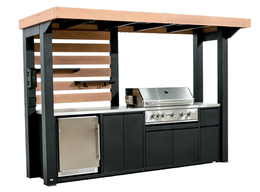 SolCrest Outdoor Kitchen Pavilion – 5-Burner Grill, Pizza Oven, Fridge, Stainless Countertops & Steel Roof for All-Season Cooking & Entertaining