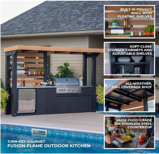 SolCrest Outdoor Kitchen Pavilion – 5-Burner Grill, Pizza Oven, Fridge, Stainless Countertops & Steel Roof for All-Season Cooking & Entertaining