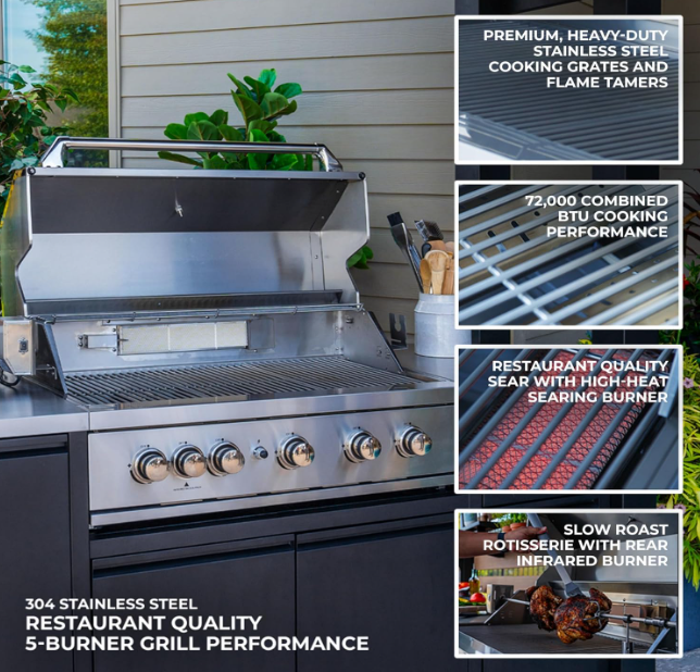 SolCrest Outdoor Kitchen Pavilion – 5-Burner Grill, Pizza Oven, Fridge, Stainless Countertops & Steel Roof for All-Season Cooking & Entertaining