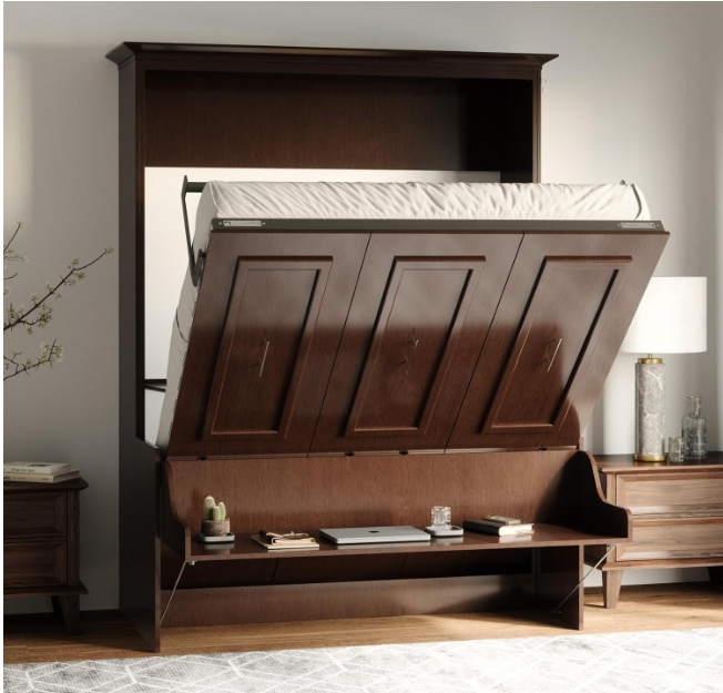 SolCrest Coventry Queen Murphy Bed with Built-In Desk β Solid Wood Frame, Space-Saving Wall Bed Design, Self-Leveling Desk, Safety Locks, and Walnut Finish