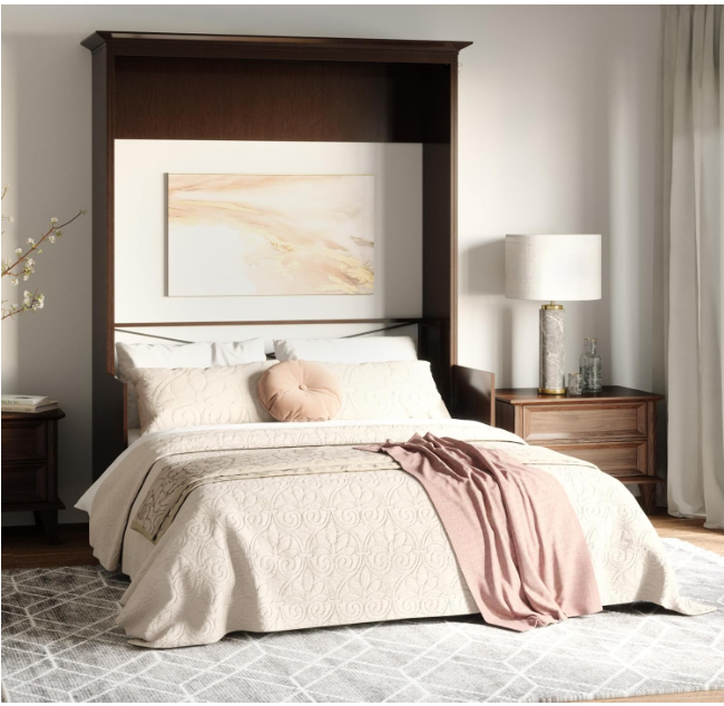 SolCrest Coventry Queen Murphy Bed with Built-In Desk β Solid Wood Frame, Space-Saving Wall Bed Design, Self-Leveling Desk, Safety Locks, and Walnut Finish
