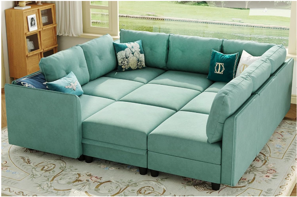 SolCrest Oversized 8-Seat Modular U-Shaped Sectional Sofa with Storage – Faux Leather Waterproof Couch with Ottoman, Space-Saving Design for Tiny Homes, Apartments, Living Rooms – Aqua Blue