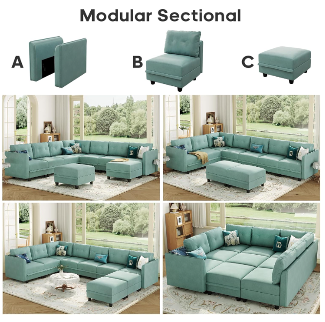 SolCrest Oversized 8-Seat Modular U-Shaped Sectional Sofa with Storage – Faux Leather Waterproof Couch with Ottoman, Space-Saving Design for Tiny Homes, Apartments, Living Rooms – Aqua Blue