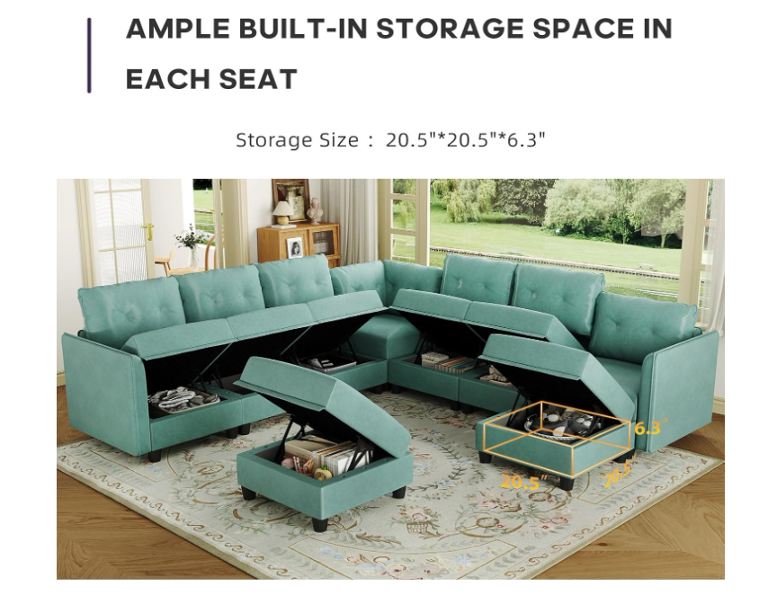 SolCrest Oversized 8-Seat Modular U-Shaped Sectional Sofa with Storage – Faux Leather Waterproof Couch with Ottoman, Space-Saving Design for Tiny Homes, Apartments, Living Rooms – Aqua Blue