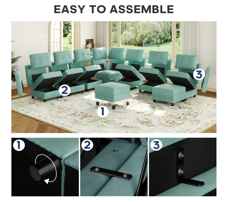 SolCrest Oversized 8-Seat Modular U-Shaped Sectional Sofa with Storage – Faux Leather Waterproof Couch with Ottoman, Space-Saving Design for Tiny Homes, Apartments, Living Rooms – Aqua Blue