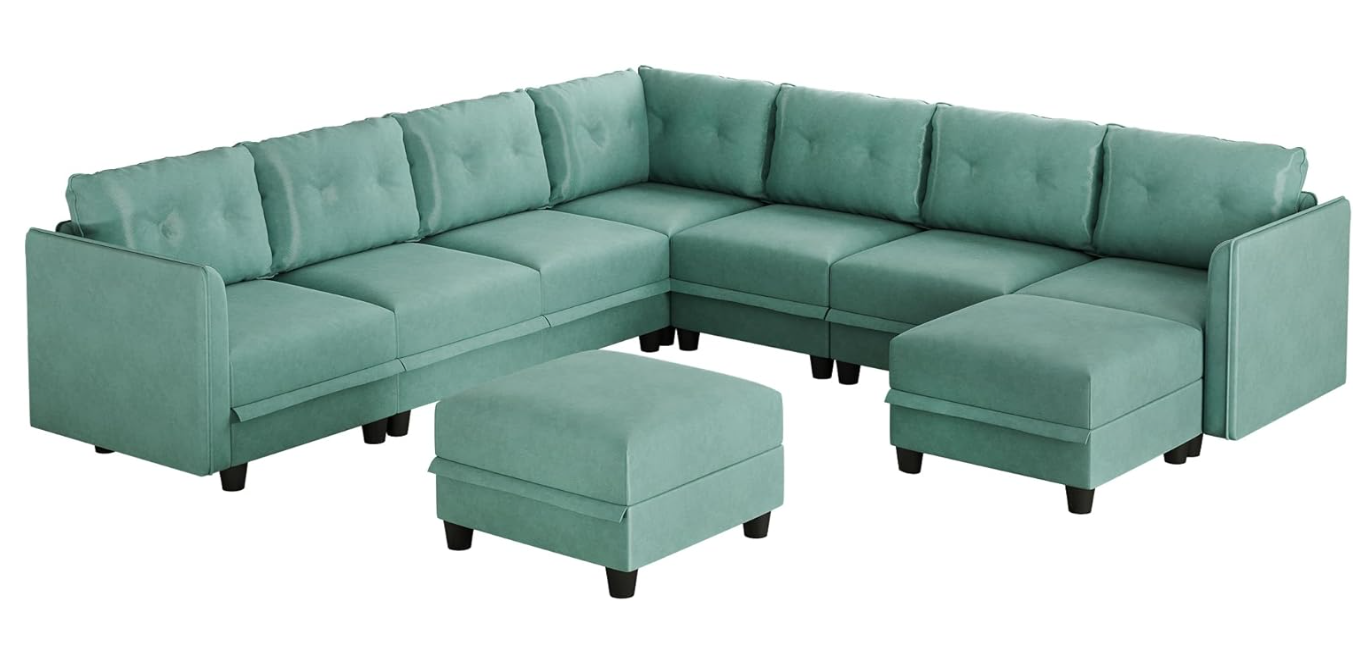 SolCrest Oversized 8-Seat Modular U-Shaped Sectional Sofa with Storage – Faux Leather Waterproof Couch with Ottoman, Space-Saving Design for Tiny Homes, Apartments, Living Rooms – Aqua Blue