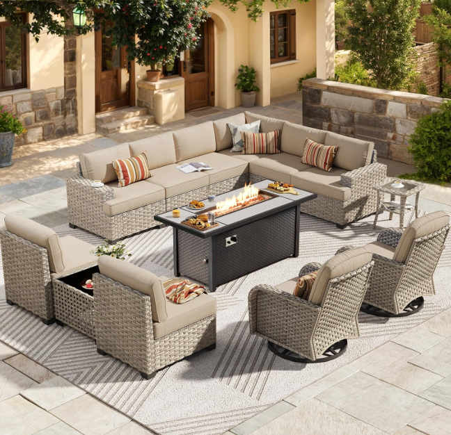 SolCrest 15-Piece Outdoor Wicker Patio Set with Fire Pit Table & Swivel Rockers – Extra Deep L-Shaped Sofa in Weather-Resistant Beige Rattan