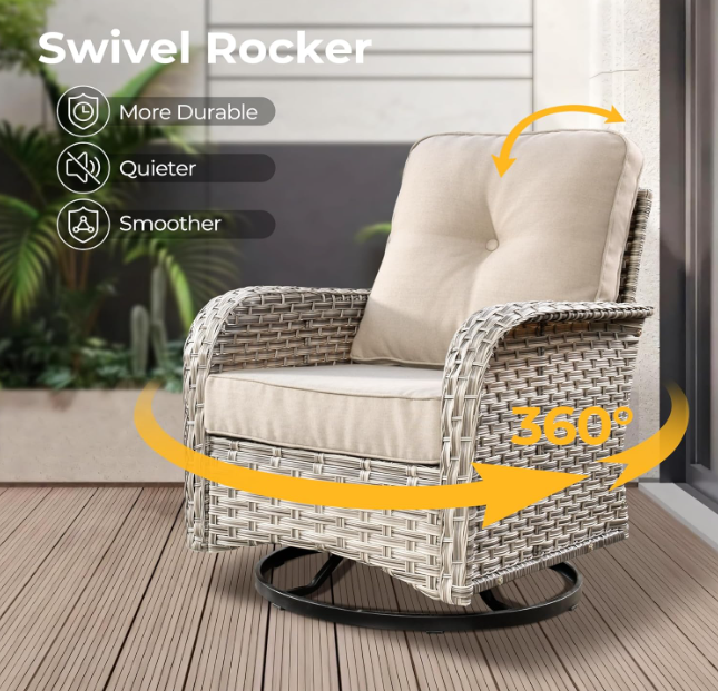 SolCrest 15-Piece Outdoor Wicker Patio Set with Fire Pit Table & Swivel Rockers – Extra Deep L-Shaped Sofa in Weather-Resistant Beige Rattan