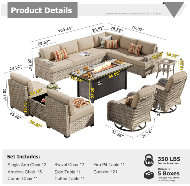 SolCrest 15-Piece Outdoor Wicker Patio Set with Fire Pit Table & Swivel Rockers – Extra Deep L-Shaped Sofa in Weather-Resistant Beige Rattan