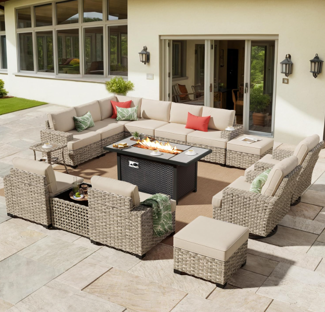 SolCrest 15-Piece Outdoor Wicker Patio Set with Fire Pit Table & Swivel Rockers – Extra Deep L-Shaped Sofa in Weather-Resistant Beige Rattan