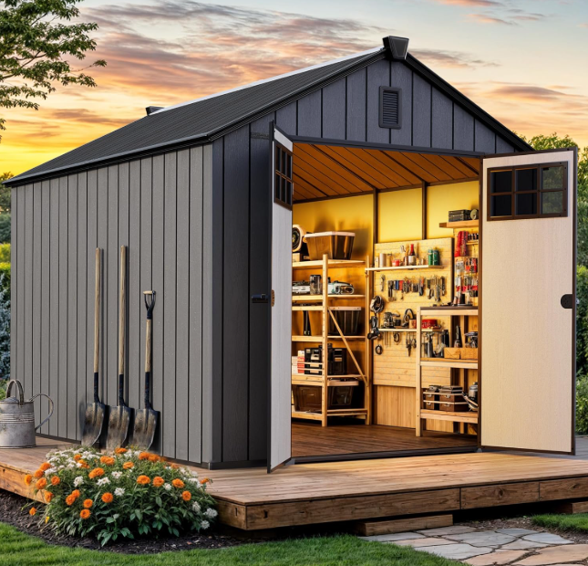 SolCrest 8x12 All-Weather Resin Storage Shed with Locking Doors, Skylight, Vents & Reinforced Floor