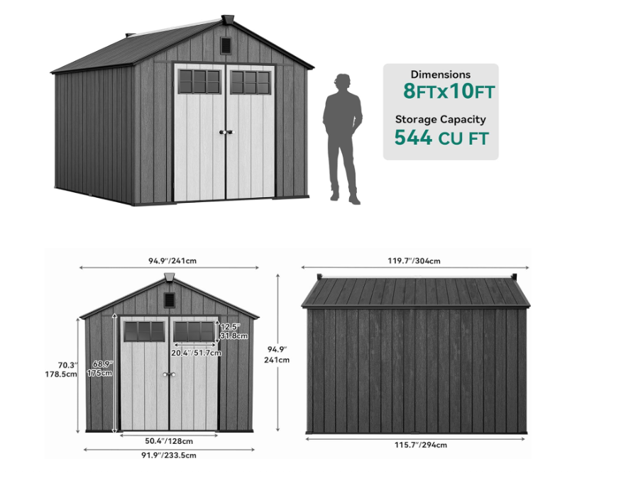 SolCrest 8x12 All-Weather Resin Storage Shed with Locking Doors, Skylight, Vents & Reinforced Floor