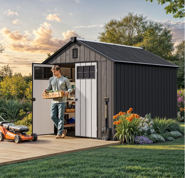 SolCrest 8x12 All-Weather Resin Storage Shed with Locking Doors, Skylight, Vents & Reinforced Floor