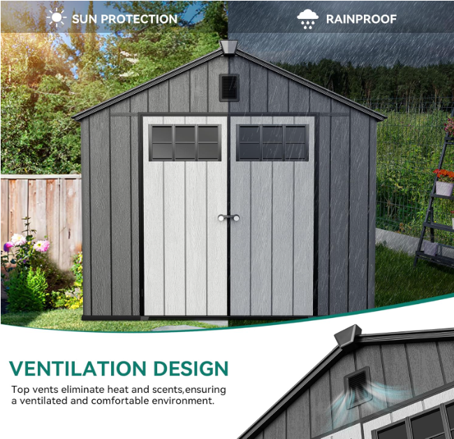 SolCrest 8x12 All-Weather Resin Storage Shed with Locking Doors, Skylight, Vents & Reinforced Floor