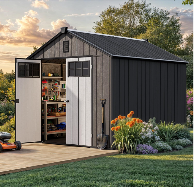 SolCrest 8x12 All-Weather Resin Storage Shed with Locking Doors, Skylight, Vents & Reinforced Floor