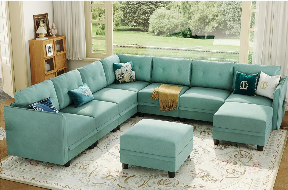 SolCrest Oversized 8-Seat Modular U-Shaped Sectional Sofa with Storage – Faux Leather Waterproof Couch with Ottoman, Space-Saving Design for Tiny Homes, Apartments, Living Rooms – Aqua Blue